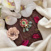 Vriksham Antique Lotus  Floral With Red Green & White Stones Jada Billai-Aqua Green Bead-J3823